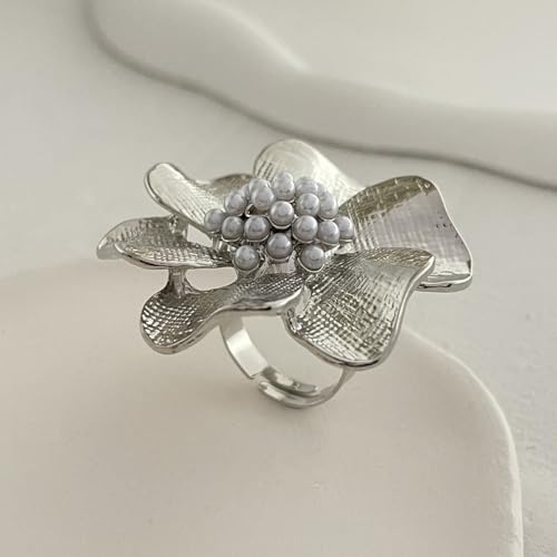 Gold Flower Ring for Women Trendy Silver Flower Statement Ring Adjustable Minimalist Rings Jewelry - color: Silver, style: Pearl Flower