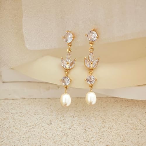 Pearl Earrings for Women Trendy, 14k Gold Plated Freshwater CZ Leaf Pearl Dangle Drop Gold Earrings Lightweight Hypoallergenic Stud Earring Bridesmaid Wedding Gold Jewelry for Women Gifts - style: cz long pearl earrings