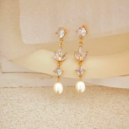 Pearl Earrings for Women Trendy, 14k Gold Plated Freshwater CZ Leaf Pearl Dangle Drop Gold Earrings Lightweight Hypoallergenic Stud Earring Bridesmaid Wedding Gold Jewelry for Women Gifts - style: cz long pearl earrings