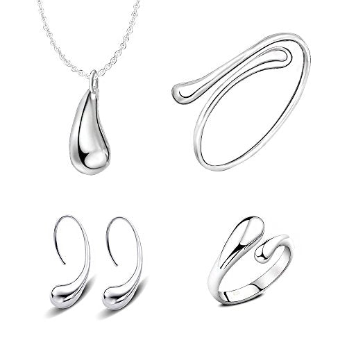 MA&SN AMOR SPES 4 Pieces Jewelry Set S925 Sterling Silver Water Drop Shape Earrings Bangle Necklace Ring Women Girl Gift