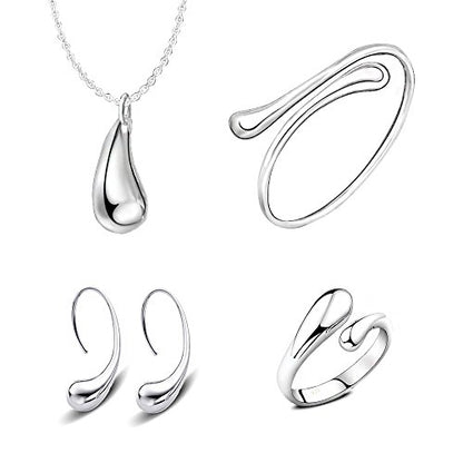 MA&SN AMOR SPES 4 Pieces Jewelry Set S925 Sterling Silver Water Drop Shape Earrings Bangle Necklace Ring Women Girl Gift