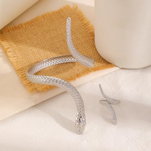 Gold/Silver Snakes Jewelry for Women Goth Snake Bracelet Ring Set Open Adjustable Snake Ring Halloween Prom Jewelry Costume Accessories Emo Accessories - color: Silver1