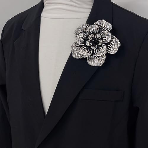 Rhinestone Flower Brooch Pin for Women Men Elegant Sparkly Crystal Camellia Floral Lapel Pins Shawl Dress Suit Clothes Accessories Wedding Party Fashion Jewelry 105mm - color: White Black