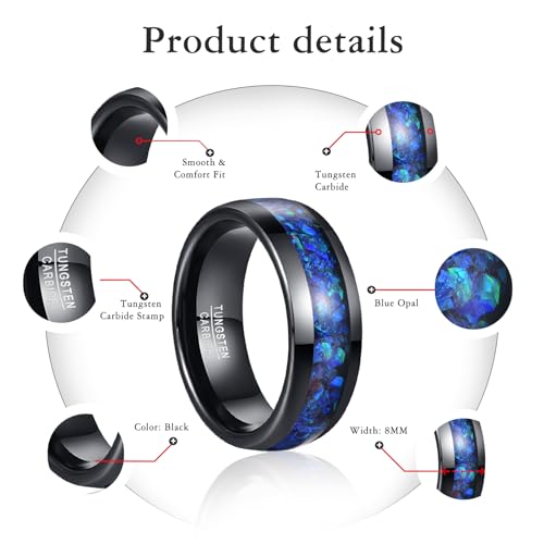NUNCAD Black Tungsten Ring, Men's Wedding Rings with Blue/Amethyst/Galaxy Opal Ring 4mm 8mm Engagement Promise Ring Comfort Fit Size 5-12 - color: Blue Opal & 8mm