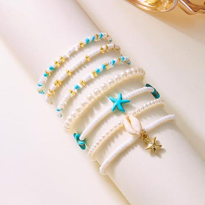 Beaded Starfish Mermaid Anklets Bracelet for Women Waterproof Starfish Shell Pearl Anklet Stackable Stretch Beaded Anklets Hawaiian Beach Jewelry Mermaid Costume Outfits Accessories - style: Rice Beads Starfish