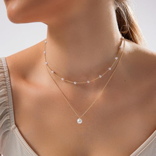HERIER Gold Jewelry Set for Women - Dainty 14K Gold/Silver Plated Pearl Choker Necklace, Drop Earrings & Bracelets - Wedding Trendy Pearl Jewelry Gift - color: Satellite Pearl Set-Gold