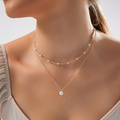 HERIER Gold Jewelry Set for Women - Dainty 14K Gold/Silver Plated Pearl Choker Necklace, Drop Earrings & Bracelets - Wedding Trendy Pearl Jewelry Gift - color: Satellite Pearl Set-Gold