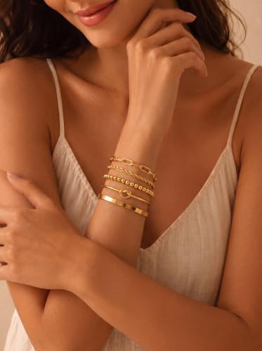 14K Gold Plated Stackable Bangle Bracelets Set for Women | Cuff Bracelet Stackable Bangles Bracelet for Women Trendy Fashion Accessories Tie Knot Cuban Rope Paperclip Beaded Bracelets - color: 5-layer A GD"