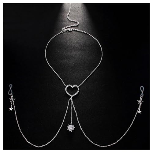 Sexy Star Pendant Non Piercing Nipple Chain Necklace for Women Rhinestone Star Tassel Chest Chain Body Jewelry Festival Rave Heart Nipple Accessories Jewelry - color: Silver
