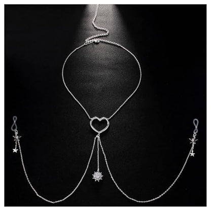Sexy Star Pendant Non Piercing Nipple Chain Necklace for Women Rhinestone Star Tassel Chest Chain Body Jewelry Festival Rave Heart Nipple Accessories Jewelry - color: Silver