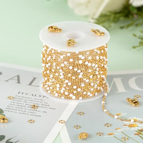 KYUNHOO 16.4 Feet/5M Stainless Steel Enamel Beaded Chain for Jewelry Making | Gold Plated Bulk Necklace Thin Cable Link With Findings for DIY Craft