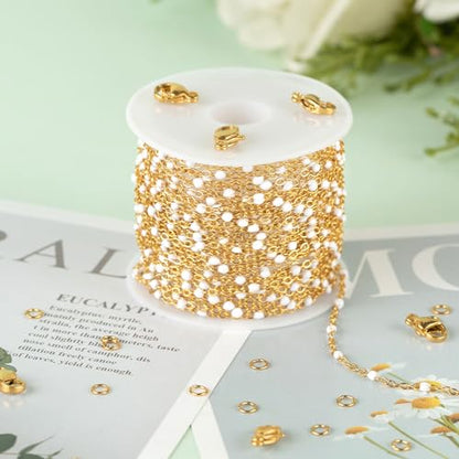 KYUNHOO 16.4 Feet/5M Stainless Steel Enamel Beaded Chain for Jewelry Making | Gold Plated Bulk Necklace Thin Cable Link With Findings for DIY Craft