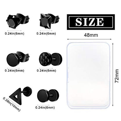 12 Pairs Black Stud Earrings Set for Men and Women - Stainless Steel Cross Jewelry Piercings - color: Black