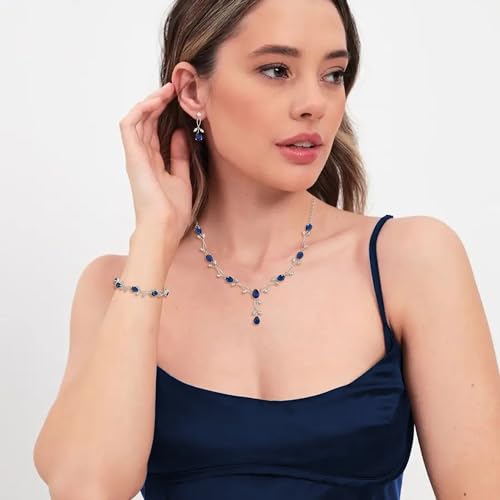 Crysdue Wedding Jewelry Set for Brides Bridesmaid, Cubic Zirconia Teardrop Marquise Leaf Cluster Pendant Necklace Bridal Tennis Bracelet Drop Earrings for Women Party Prom - style: A- CZ set-blue, silver
