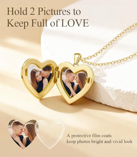 Heart Locket Necklace for Women - 16K Gold Silver Plated Photo Lockets Necklace that Hold 2 Pictures - Great Gift to Keepsake Full of Love and Remembrance, 16.8+2.2 Inch Extension Chain - color: Gold