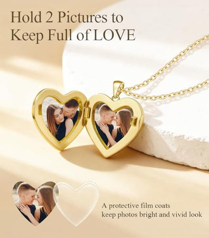 Heart Locket Necklace for Women - 16K Gold Silver Plated Photo Lockets Necklace that Hold 2 Pictures - Great Gift to Keepsake Full of Love and Remembrance, 16.8+2.2 Inch Extension Chain - color: Gold