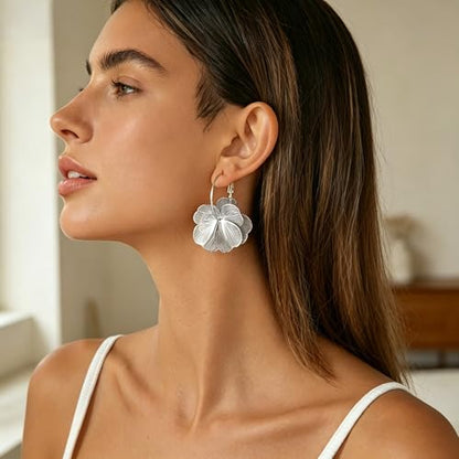 Gold Silver Flower Hoop Earrings for Women 14K Gold Plated Large Layered Flower Dangle Drop Earrings Wedding Party Holiday Birthday Gifts Lightweight Trendy Bohemian Jewelry Gift for Her - color: Silver