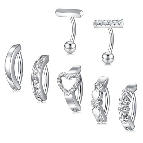 QWALIT Belly Button Rings 14G Surgical Steel Belly Rings CZ Opal Navel Piercing Jewelry for Women Girls 3/8" 10mm Silver Rose Gold - color: B21- clicker+ T bar-7pcs silver