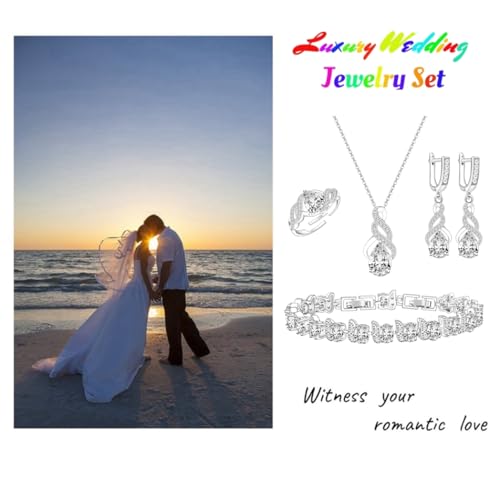 LMXXVJ Jewelry Set for Women,Teardrop Cubic Zirconia Necklace Earrings Adjustable Ring Bracelet Jewelry Set Formal Jewelry Gift - color: MHSD-White Gold-White