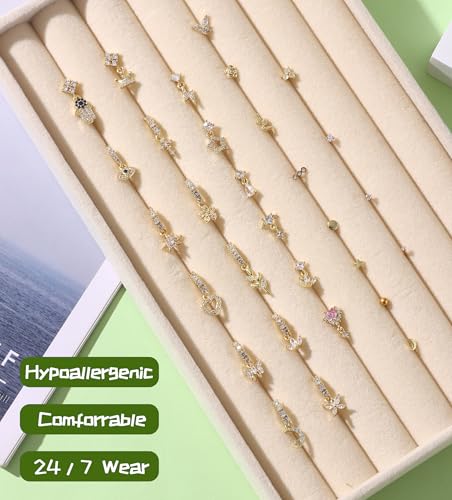 WAINIS 30Pcs 20G Dangle Nose Ring for Women 14K Golden Silver Plated | L Shaped Dangling Nose Stud,Surgical Steel Nose Ring Studs,Dainty Flower Heart Moon Star Dangle Rings Hoops Nose Piercing - color: gold2