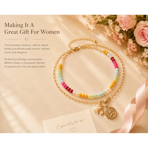 Colorful Acrylic Beaded Necklace For Women, Boho Double Layer Rainbow Beads Thick Cuban Chain Chunky Heart Pendant Statement Choker Summer Beach Jewelry Gift - color: Colorful Gold Hand