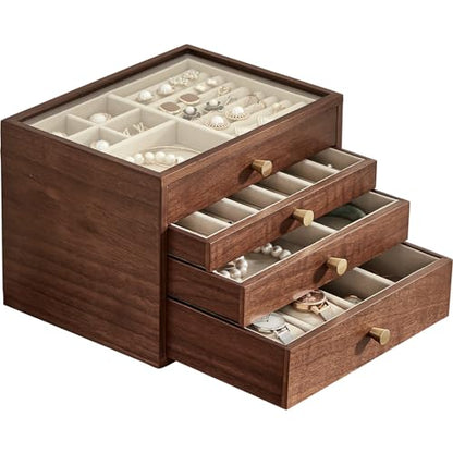 Black Walnut Wooden Women Jewelry Box with Glass Lid, 4 Layer | Large Drawer Jewelry Organizer,Velvet-Lined, For Necklaces, Watch, Ring, Earring, Ideal Gift for Her - style: 4 Layer A