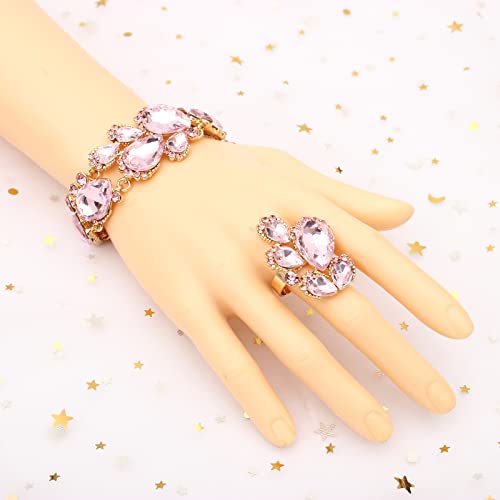 Women's Wedding Bridal Austrian Crystal Glass Teardrop Statement Necklace Dangle Earrings Bracelet Ring Wedding Party Jewelry Set for Bridal Bridesmaid - color: Light Pink-Gold Plated