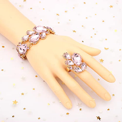 Women's Wedding Bridal Austrian Crystal Glass Teardrop Statement Necklace Dangle Earrings Bracelet Ring Wedding Party Jewelry Set for Bridal Bridesmaid - color: Light Pink-Gold Plated