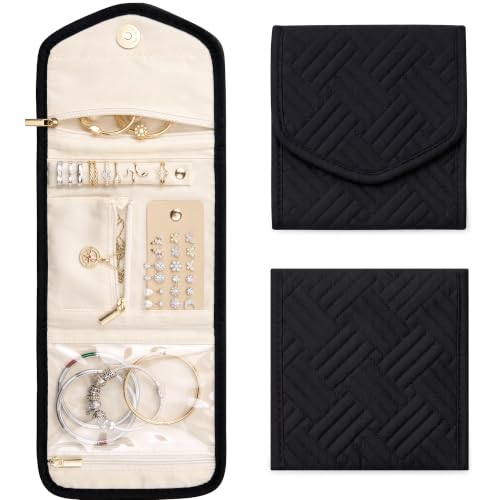 Sodsay Travel Jewelry Case Foldable Travel Jewelry Organizer for Women | Black, 5 Compartments, Quilted Cotton & Polyester, Scratch Resistant, Foldable Lightweight, Travel Friendly, Gift for Women - color: Black