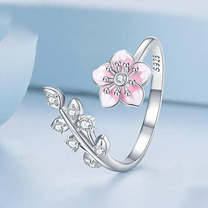 Pink Cherry Blossoms Open Adjustable Ring S925 Sterling Silver Hypoallergenic Imitation Crystal Wedding Rings Promise Love Engagement Statement Imitation Cubic Zirconia Flower Jewelry for Women Bff