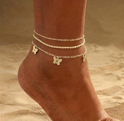 Gold Ankle Bracelets for women,14k Gold/Silver Plated Waterproof Layered lightweight Bow Beaded Twisted Chain Cross Butterfly Satellite Ankle Bracelets Set Gold Anklets for women Trendy Summer Beach Jewelry Gift for Women - style: 3 anklets butterfiy rope