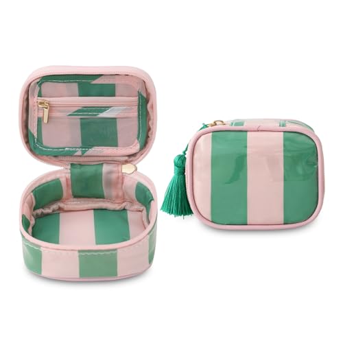 Travel Jewelry Case, Pink and Green | Clear Coated, Stripe, Tassels, Mini Storage Box for Ring,Necklace,Bracelet,Gift - color: Pink Green