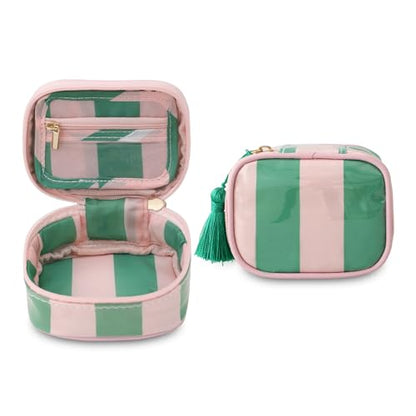 Travel Jewelry Case, Pink and Green | Clear Coated, Stripe, Tassels, Mini Storage Box for Ring,Necklace,Bracelet,Gift - color: Pink Green