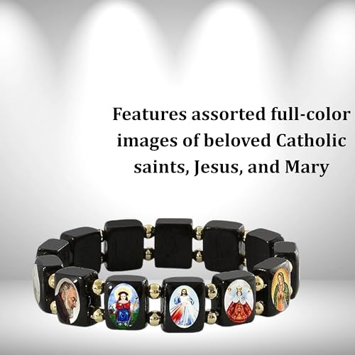 Catholica Shop Devotional Catholic Religious Wood Stretch Bracelets. Small and Large Panels with Assorted Images of Saints, Jesus and Mary. Unisex. Handcrafted in Brazil - style: Small BK Panel Gold Tone
