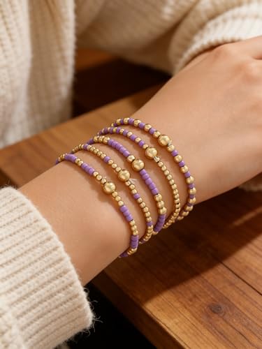 LOTSOF Bohemia Multilayer Beaded Bracelet Set, Turquoise Resin Colorful Surfer Heishi Style Elastic Spring Clasp Friendship Elastic Wristbands Summer Beach Boho Vacation Jewelry - color: Purple