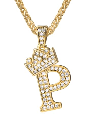 U7 Crown Initial Necklace Men Women, Bling Diamond A-Z 0-9 Letter Pendant with Wheat Chain, Silver/Black/Gold Plated CZ Alphabet Number Hip Hop Jersery for Father Husband - color: a. Gold, size: 16. P