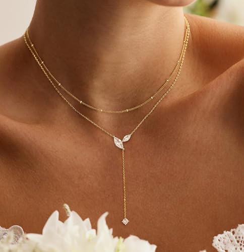 Gold Necklace for Women - Dainty Long Lariat Necklace 14K Gold Plated Clover Star Teardrop CZ Y Shaped Drop Necklaces Cute Long Necklaces for Women Trendy Prom Formal Womens Jewelry - color: Gold-Layered PJ Drop