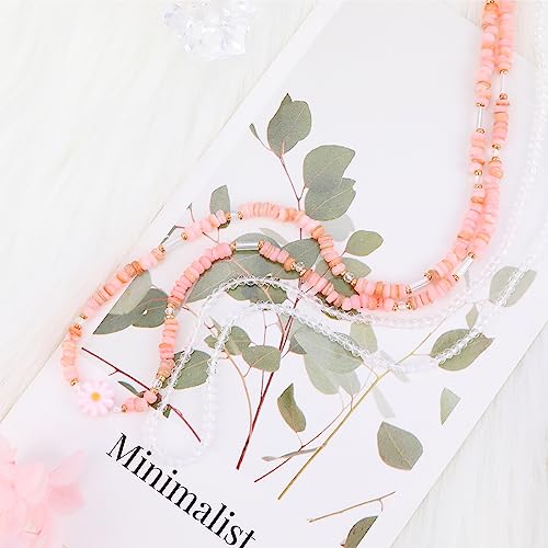 Layered Colorful Beaded Necklace for Women Bohemian Cute Seed Beads Choker Necklace with Dangle Glass Beads Pink Daisy Charm Adjustable Chain Handmade Boho Party Summer Y2K Jewelry Gift for Women