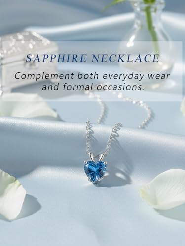 CYW Genuine Sapphire/Emerald/Ruby/Moissanite Necklace for Women, Really Authentic Solid 925 Sterling Silver, 16"/18"/20" Adjustable Chain, Anniversary Mother's Day Valentines Gift - color: Sapphire - Heart - White Gold, size: 8mm
