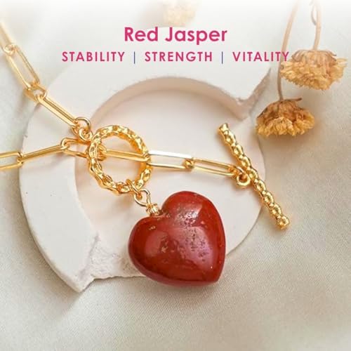 Gempires Gemstone Heart Pendant Necklace for Women, Gold Toggle Birthstone | Handmade gemstone heart pendant necklace — choose from 11 stones and birthstones, gold toggle paperclip chain. - color: Red Jasper