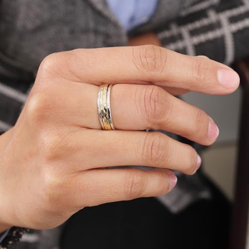 Hammered Spinner Ring for Women, 925 Sterling Silver & Brass Two-Tone Fidget Band