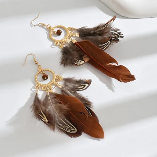 Feather Earrings for Women Boho Jewelry Peacock Feather Long Brown Light weight Western Earrings - color: A1:brown feather earrings