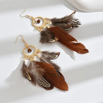 Feather Earrings for Women Boho Jewelry Peacock Feather Long Brown Light weight Western Earrings - color: A1:brown feather earrings
