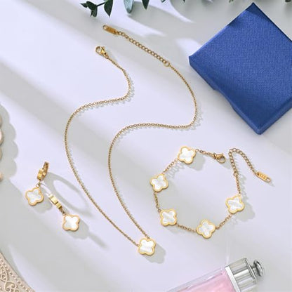 18K Gold Plated Lucky Clover Jewelry Set, Birthday Gifts for Women | Stainless Steel Hypoallergenic,Black White Red Four Leaf Clover Bracelet Necklace Earrings set, Daily Wear, Gifts for Women - color: Clover Set-White
