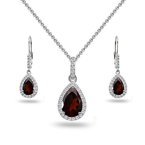 Jewelry Sets for Women, Necklace and Earring Sets for Women, Birthstone Jewelry, Genuine or Synthetic Gemstones, Teardrop Necklace and Dangle Earrings, Pendant Necklace, Sterling Silver Jewelry - color: Garnet