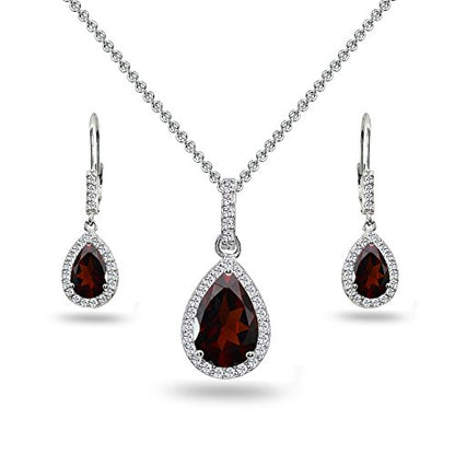 Jewelry Sets for Women, Necklace and Earring Sets for Women, Birthstone Jewelry, Genuine or Synthetic Gemstones, Teardrop Necklace and Dangle Earrings, Pendant Necklace, Sterling Silver Jewelry - color: Garnet