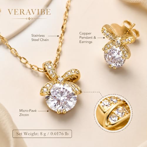 Bowknot Necklace and Earrings Set for Women Gold Plated | Ribbon Pendant, Cubic Zirconia, Sparkling Minimalist, Party Daily Wear, Birthday Gifts