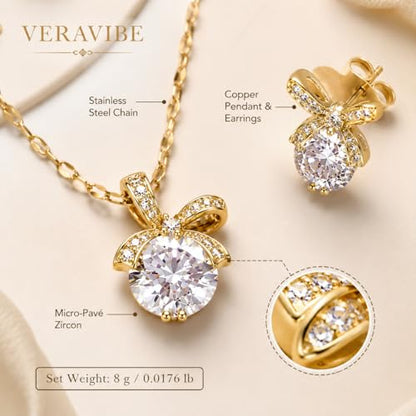 Bowknot Necklace and Earrings Set for Women Gold Plated | Ribbon Pendant, Cubic Zirconia, Sparkling Minimalist, Party Daily Wear, Birthday Gifts