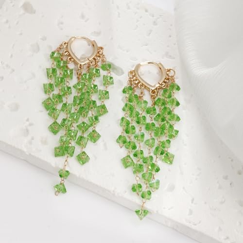 Fringe Hoop Dangle Earrings, Long Beads Tassel Chain Earrings for Women Sparkly Chandelier Earrings - color: Green