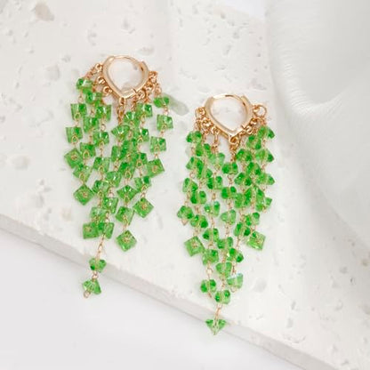 Fringe Hoop Dangle Earrings, Long Beads Tassel Chain Earrings for Women Sparkly Chandelier Earrings - color: Green